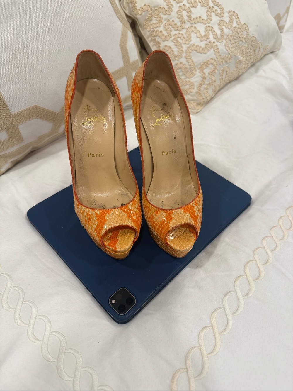 Christian Louboutin Orange Snakeskin Peep-Toe Pumps with Yellow Accents
